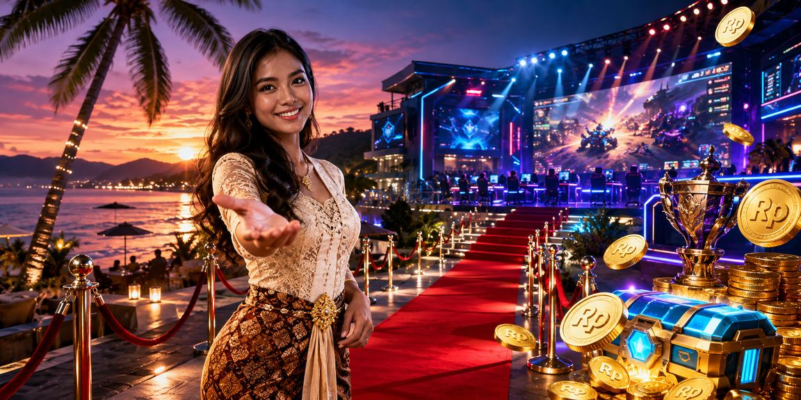 Pemain esports merayakan kemenangan di tepi pantai dengan layar digital